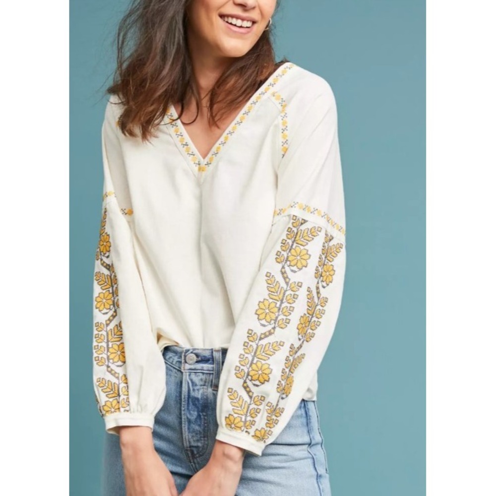 Anthro Linen Blend Embroidered Folk Peasant Top Yellow Floral Boho Blouse Size S